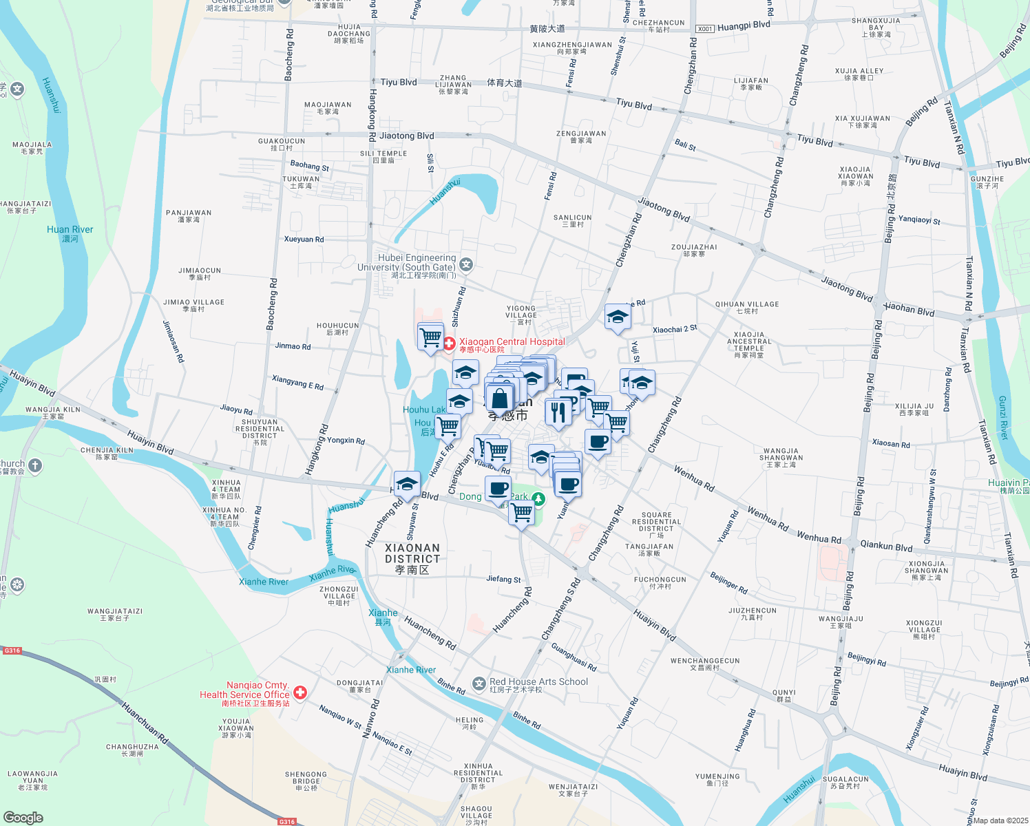 map of restaurants, bars, coffee shops, grocery stores, and more near 73 Cheng Zhan Lu in Xiaogan Shi