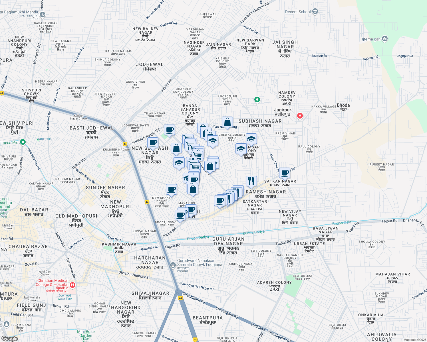 map of restaurants, bars, coffee shops, grocery stores, and more near Tibba Road in Ludhiana