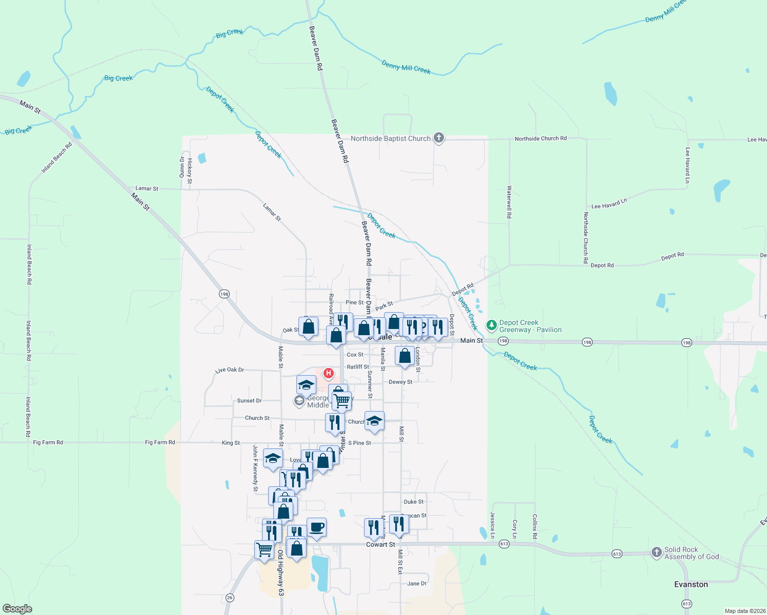 map of restaurants, bars, coffee shops, grocery stores, and more near 391 Park Street in Lucedale