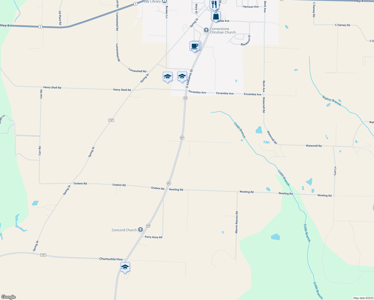 map of restaurants, bars, coffee shops, grocery stores, and more near 3787 Exxon Road in Jay