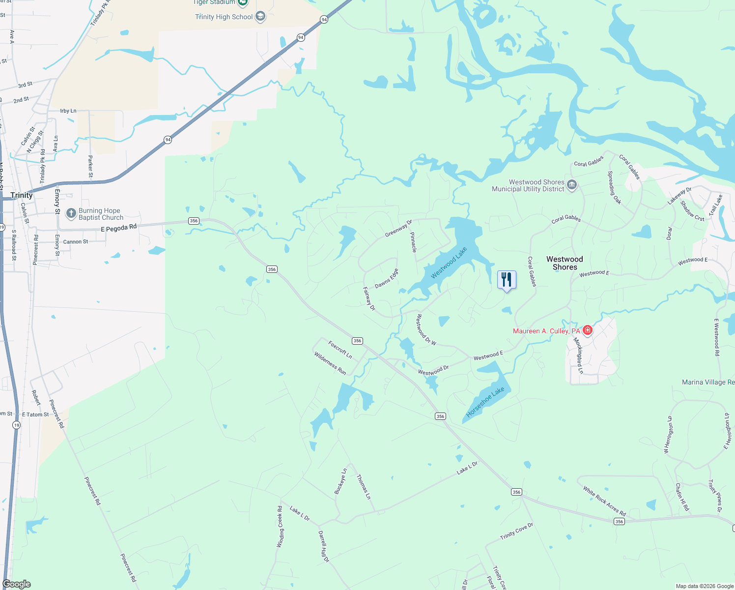 map of restaurants, bars, coffee shops, grocery stores, and more near Fairway Drive in Trinity