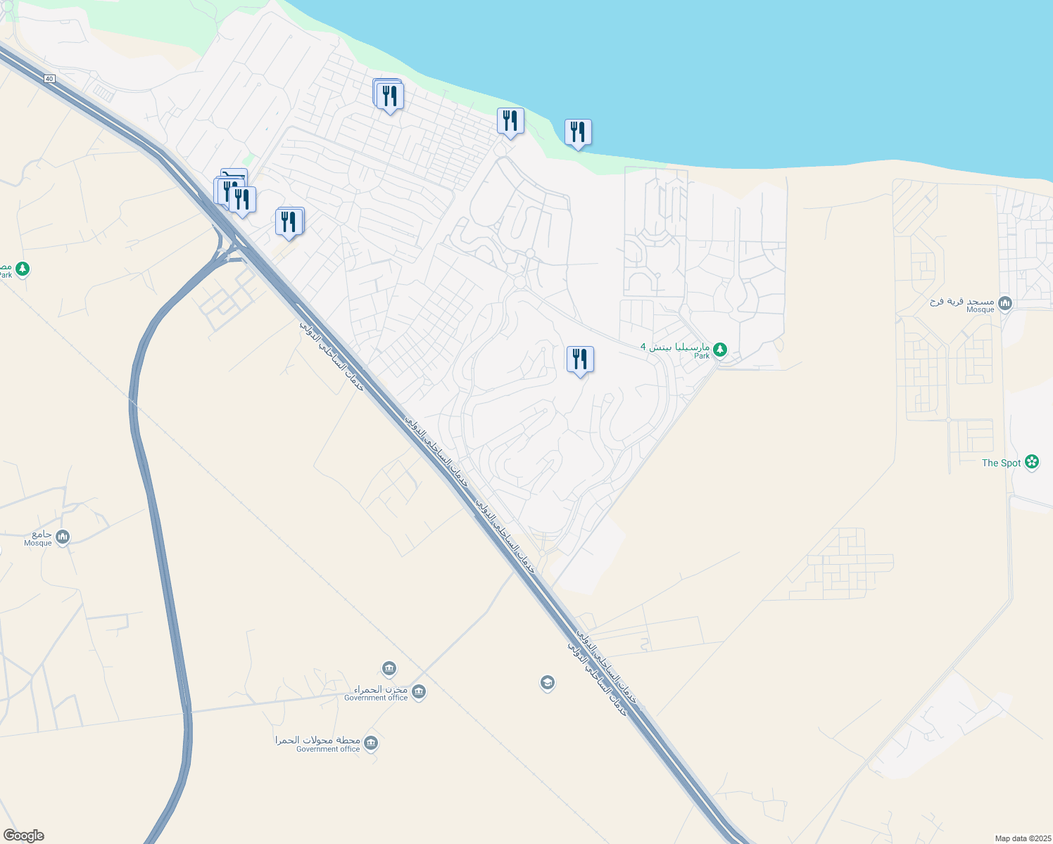 map of restaurants, bars, coffee shops, grocery stores, and more near الكيلو ١٢٤ Alexandria - Marsa Matrouh Road in El Alamein