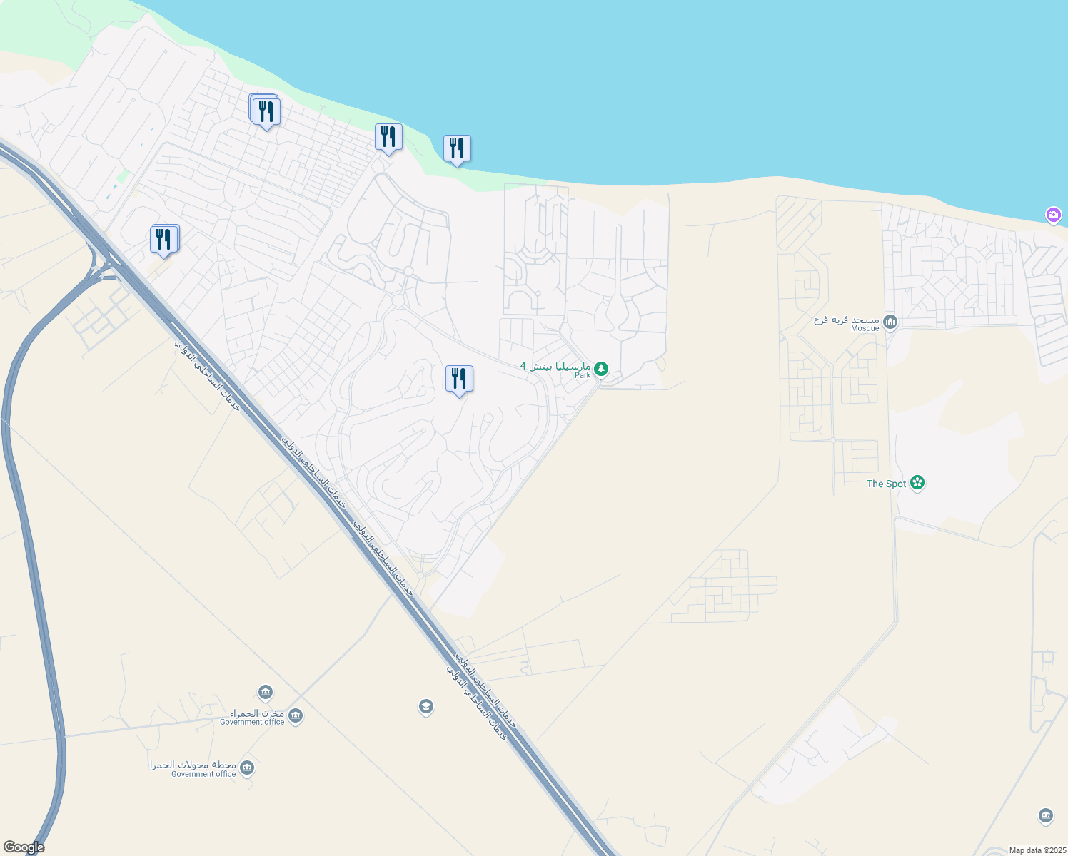 map of restaurants, bars, coffee shops, grocery stores, and more near الكيلو ١٢٤ Alexandria - Marsa Matrouh Road in El Alamein
