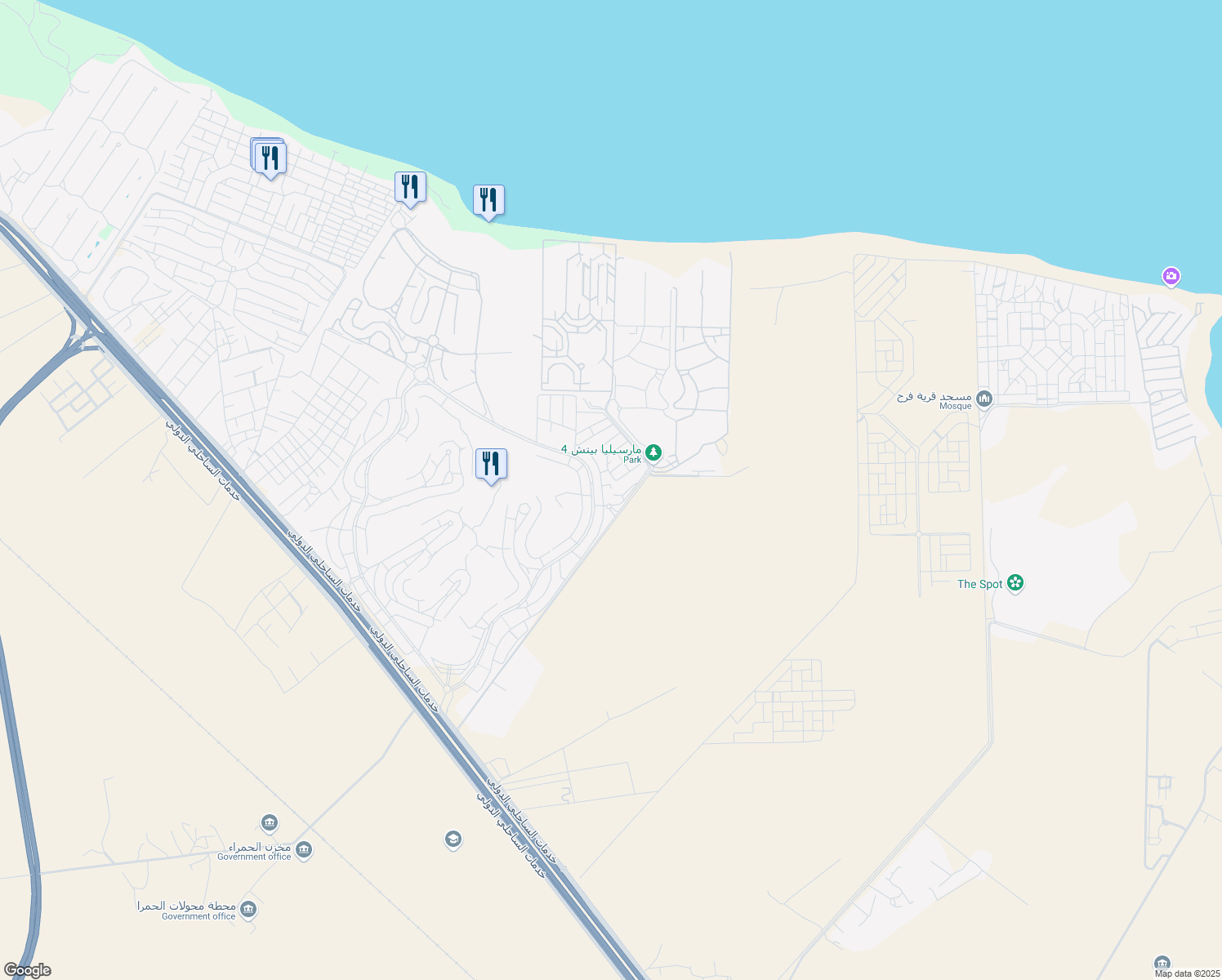 map of restaurants, bars, coffee shops, grocery stores, and more near الكيلو ١٢٤ Alexandria - Marsa Matrouh Road in El Alamein