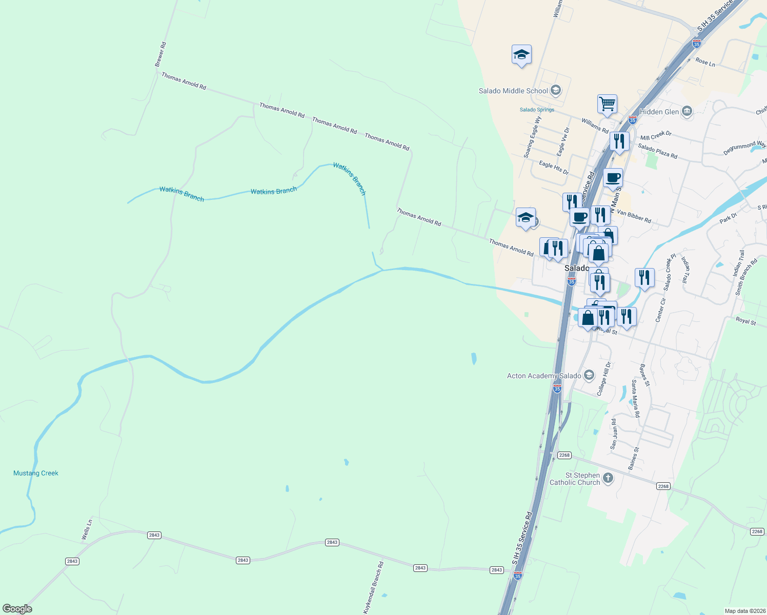 map of restaurants, bars, coffee shops, grocery stores, and more near Oak Haven Road in Salado