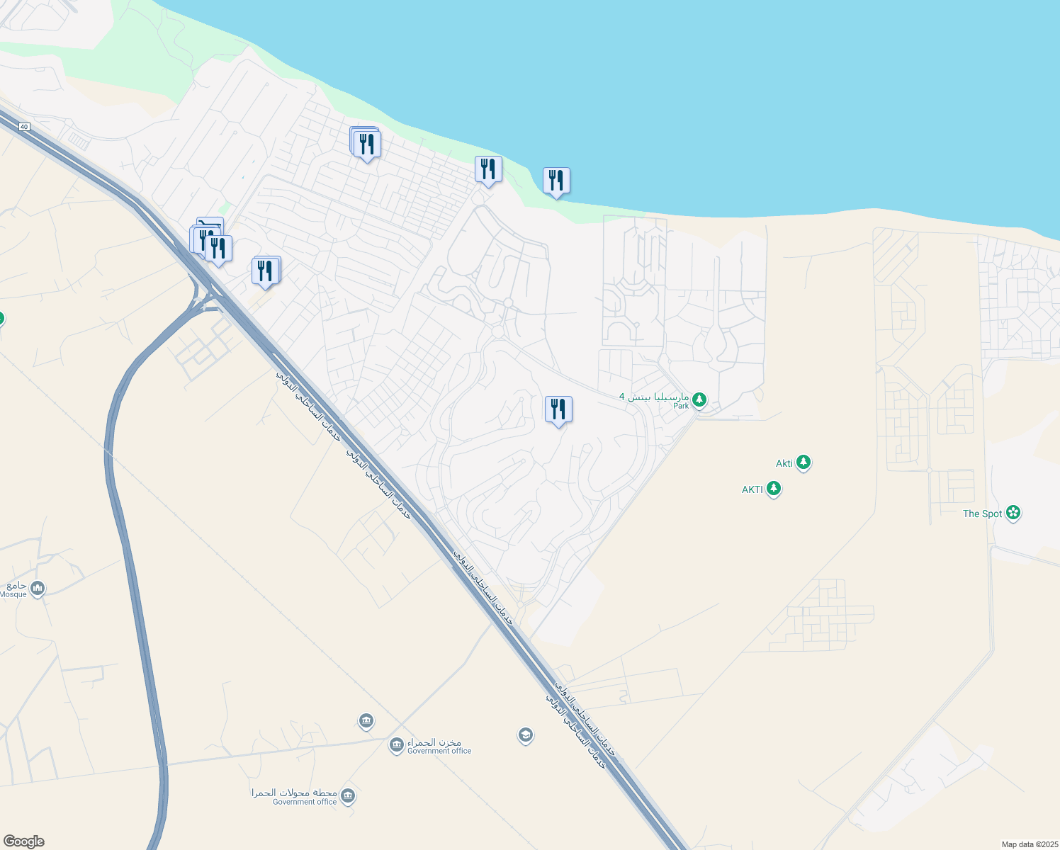 map of restaurants, bars, coffee shops, grocery stores, and more near الكيلو ١٢٤ Alexandria - Marsa Matrouh Road in El Alamein