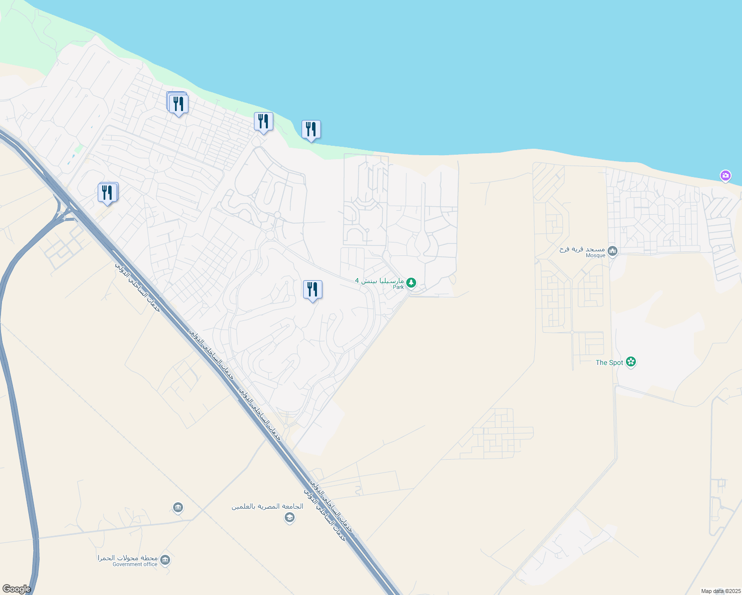 map of restaurants, bars, coffee shops, grocery stores, and more near in El Alamein