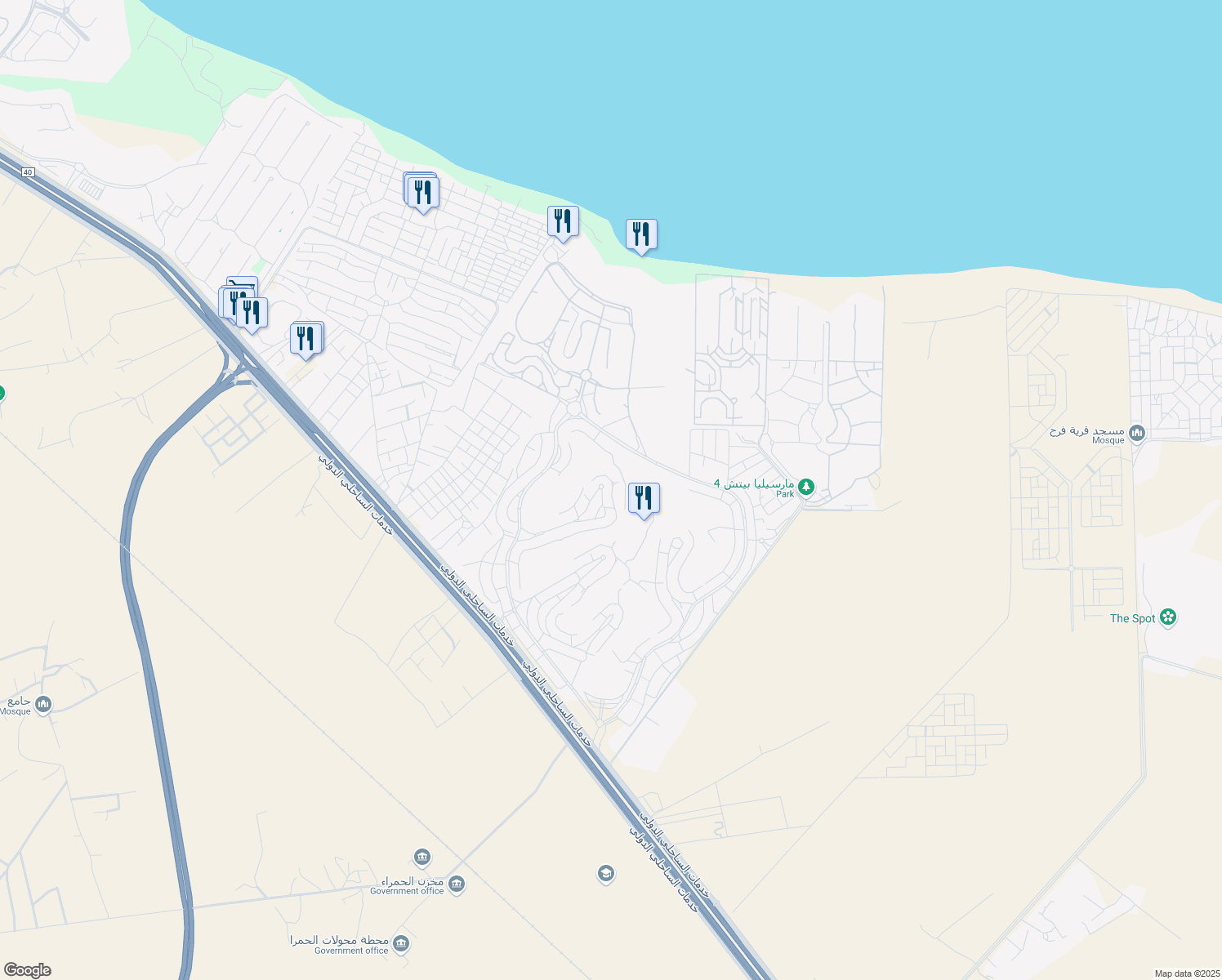 map of restaurants, bars, coffee shops, grocery stores, and more near الكيلو ١٢٤ Alexandria - Marsa Matrouh Road in El Alamein
