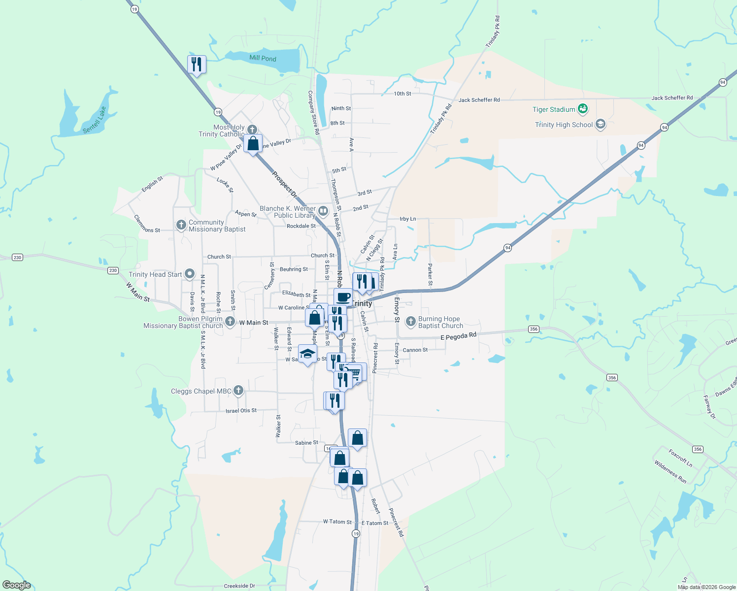 map of restaurants, bars, coffee shops, grocery stores, and more near 202 E Caroline St in Trinity