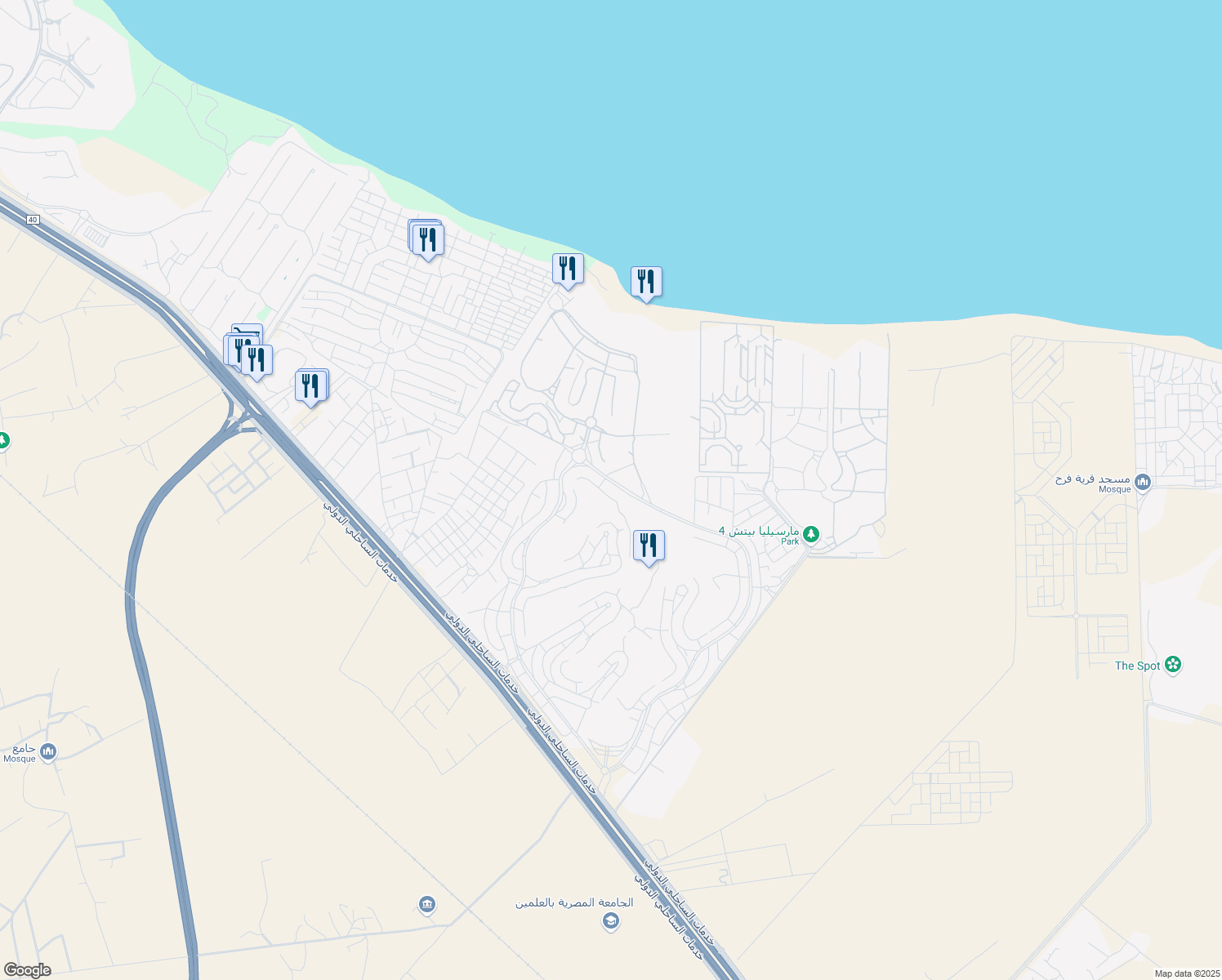 map of restaurants, bars, coffee shops, grocery stores, and more near الكيلو ١٢٤ Alexandria - Marsa Matrouh Road in El Alamein