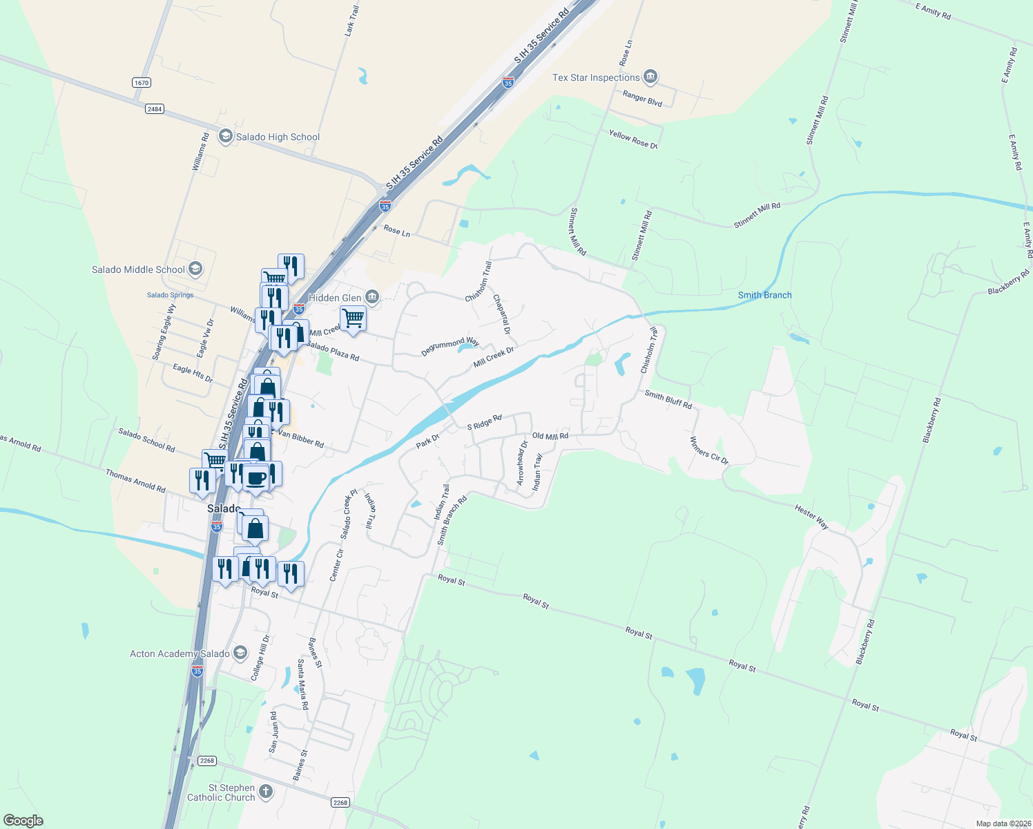 map of restaurants, bars, coffee shops, grocery stores, and more near 1001 S Ridge Rd in Salado