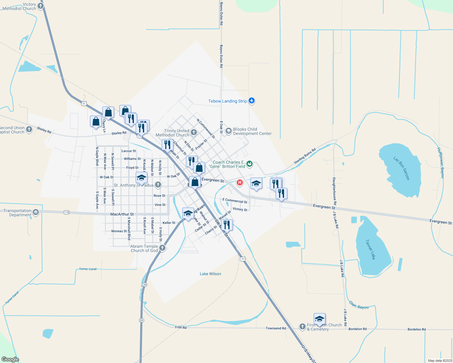 map of restaurants, bars, coffee shops, grocery stores, and more near 415 South Ash Street in Bunkie