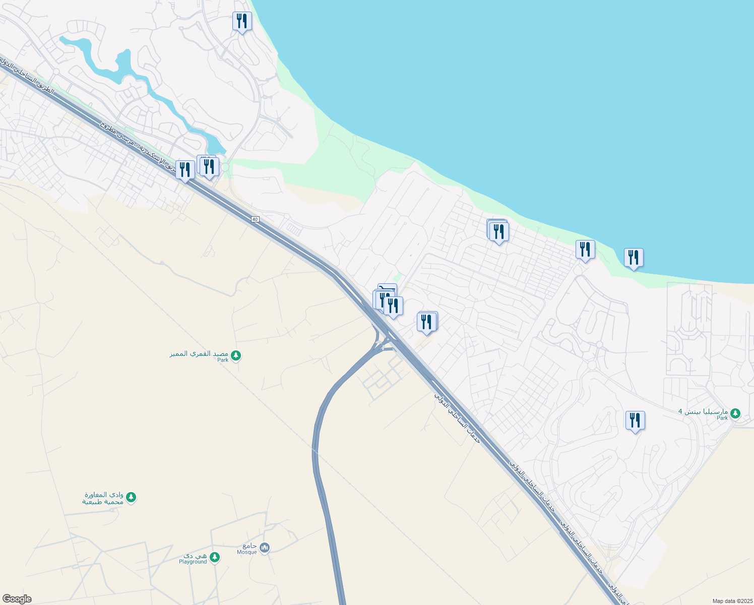map of restaurants, bars, coffee shops, grocery stores, and more near طريق الإسكندرية - مرسى مطروح in العلمين