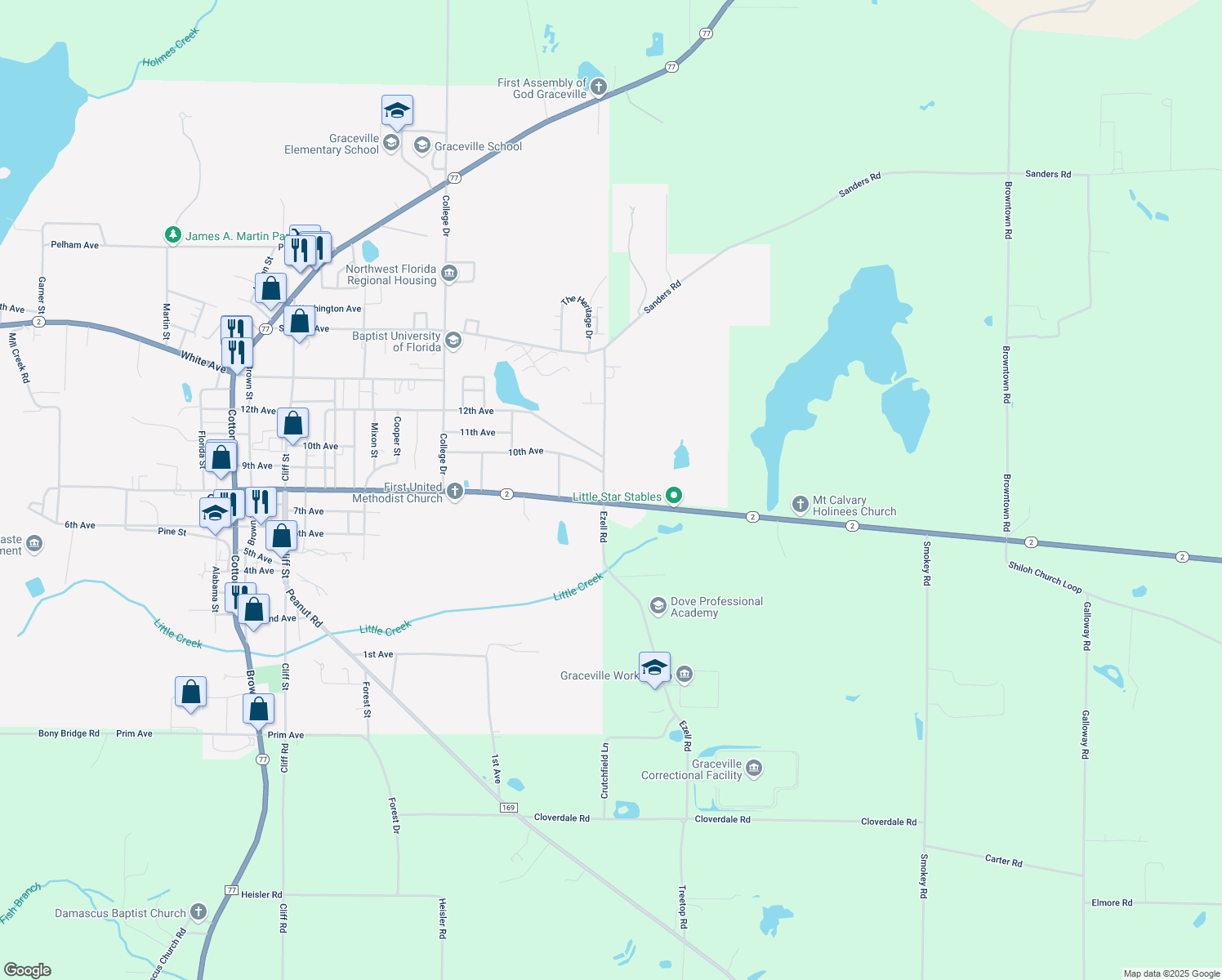 map of restaurants, bars, coffee shops, grocery stores, and more near 5350 Ezell Street in Graceville