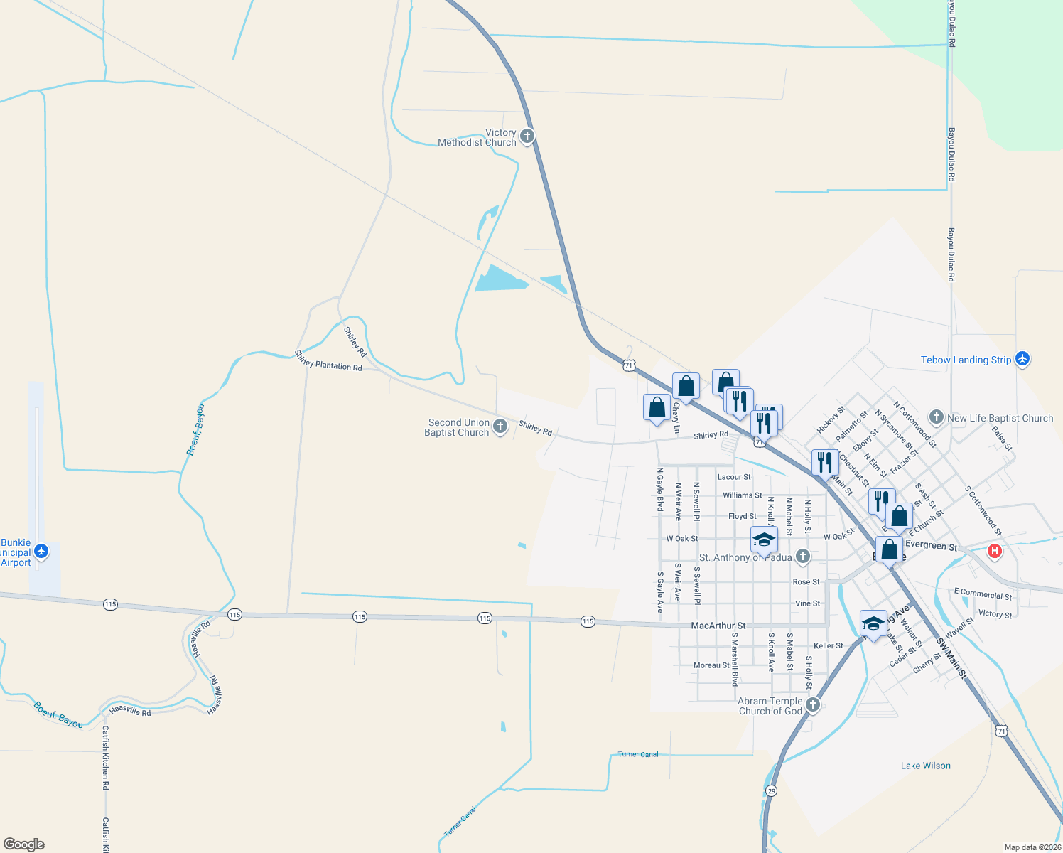 map of restaurants, bars, coffee shops, grocery stores, and more near Shirley Road in Bunkie