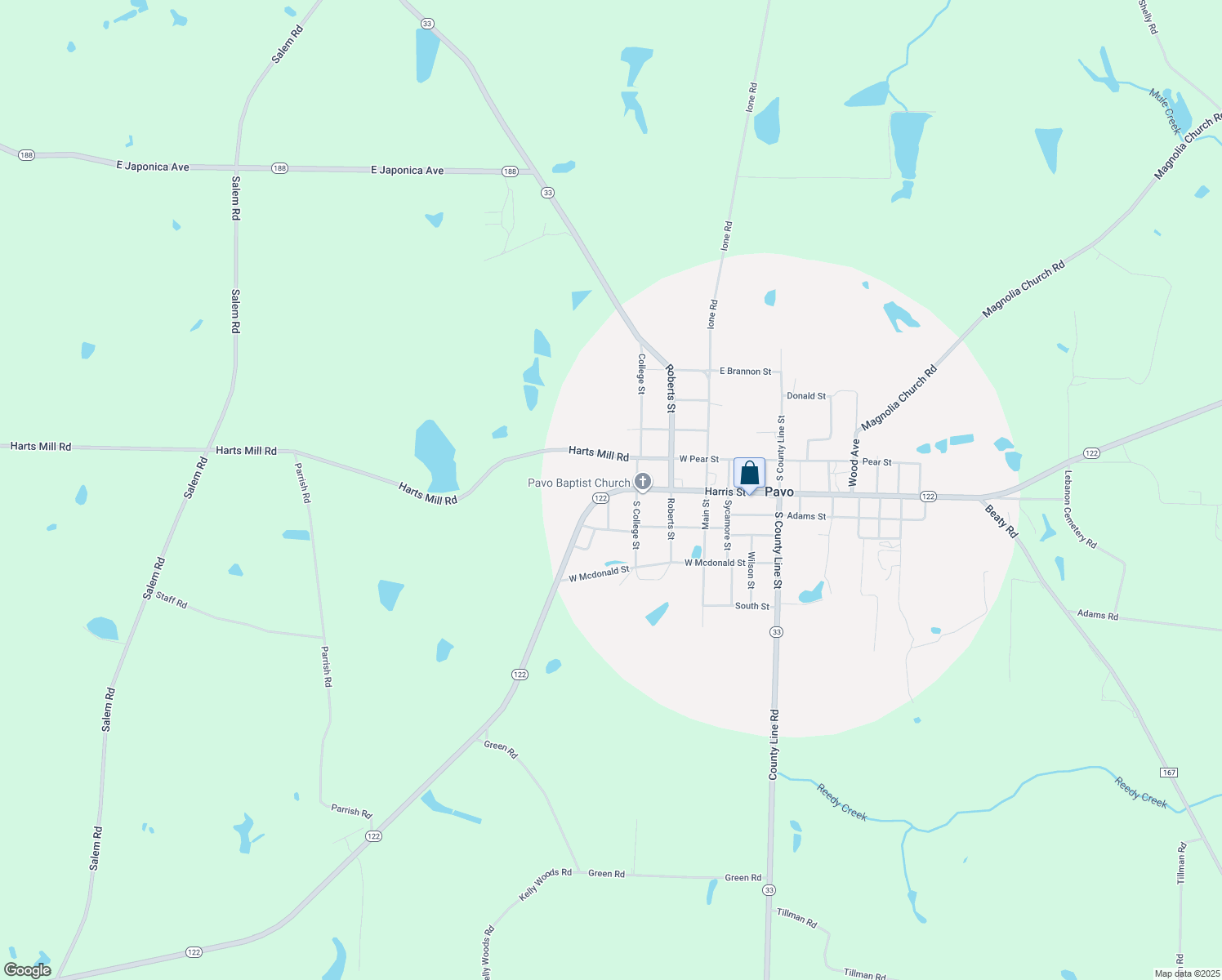 map of restaurants, bars, coffee shops, grocery stores, and more near 201 Harris Street in Pavo