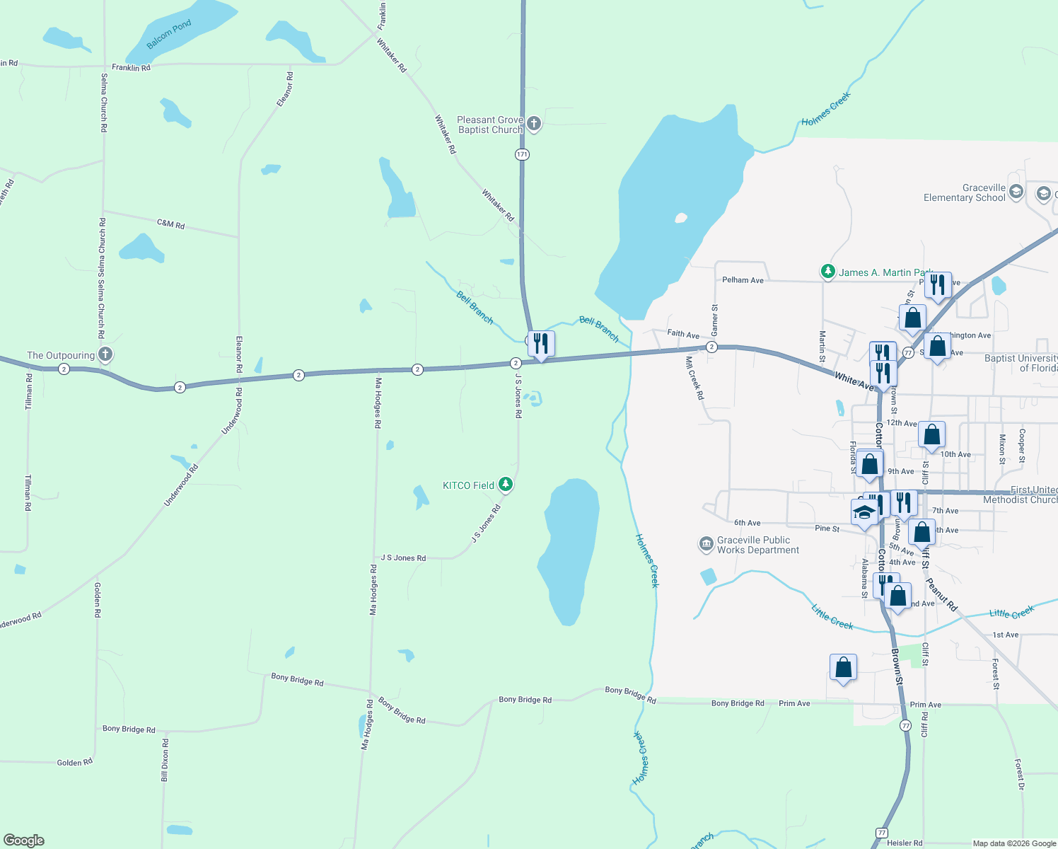 map of restaurants, bars, coffee shops, grocery stores, and more near 1193 J S Jones Road in Graceville