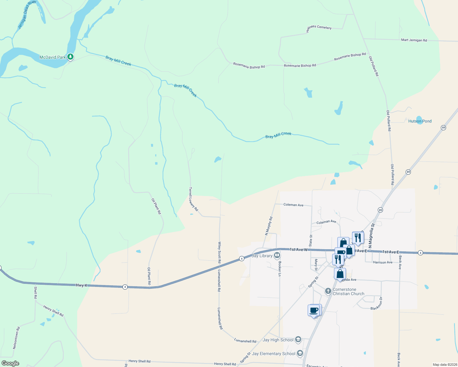 map of restaurants, bars, coffee shops, grocery stores, and more near 5524 Wiley Scott Road in Jay