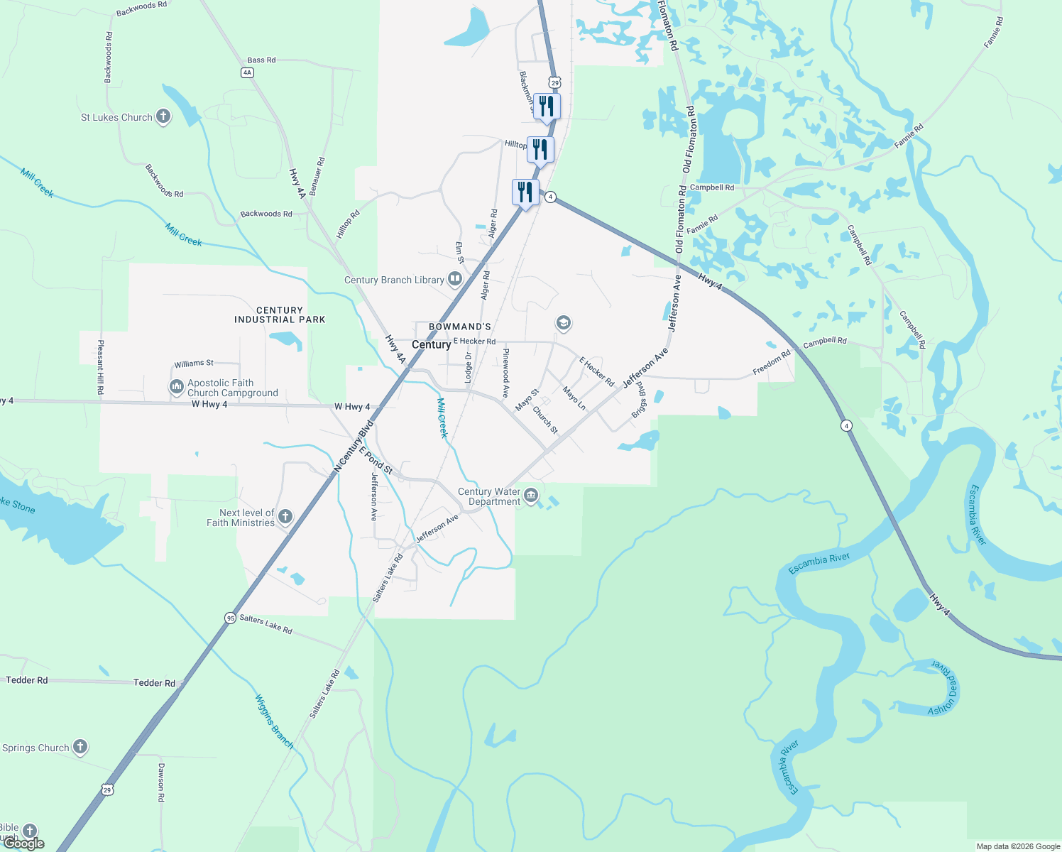 map of restaurants, bars, coffee shops, grocery stores, and more near 414 Front St in Century