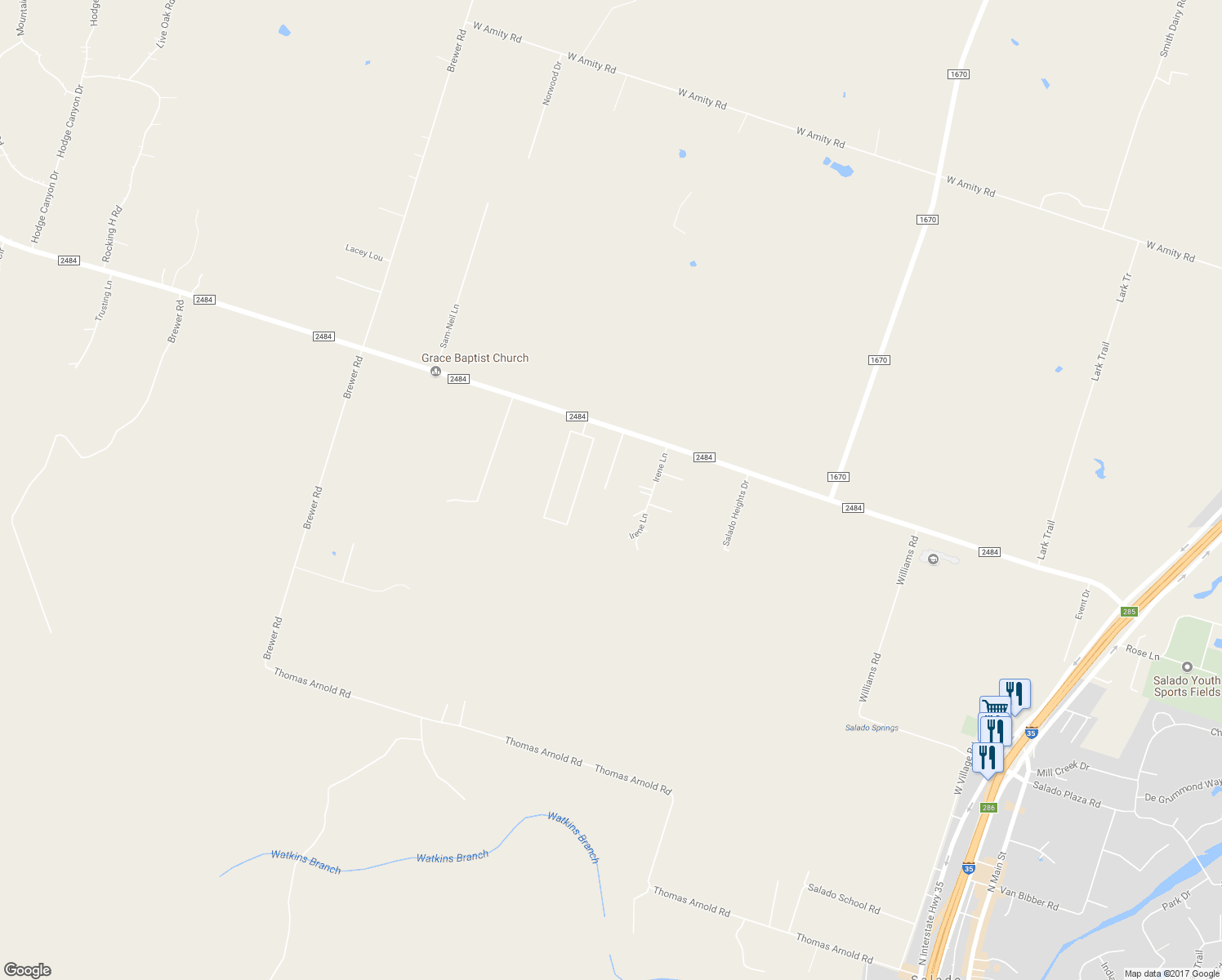 map of restaurants, bars, coffee shops, grocery stores, and more near 11303 Ridgewood Drive in Salado