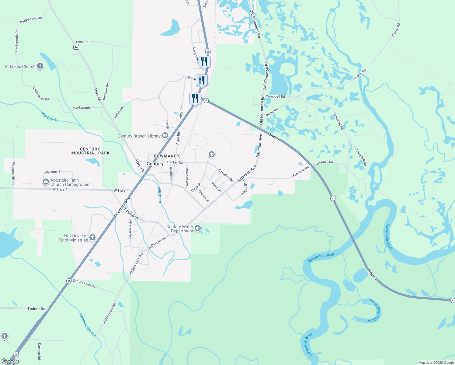 map of restaurants, bars, coffee shops, grocery stores, and more near 7700 Baptist Church Road in Century
