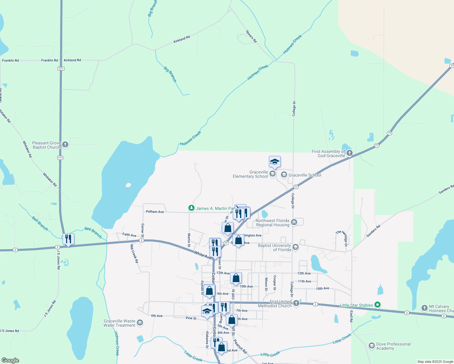 map of restaurants, bars, coffee shops, grocery stores, and more near 5532 Jordon Street in Graceville