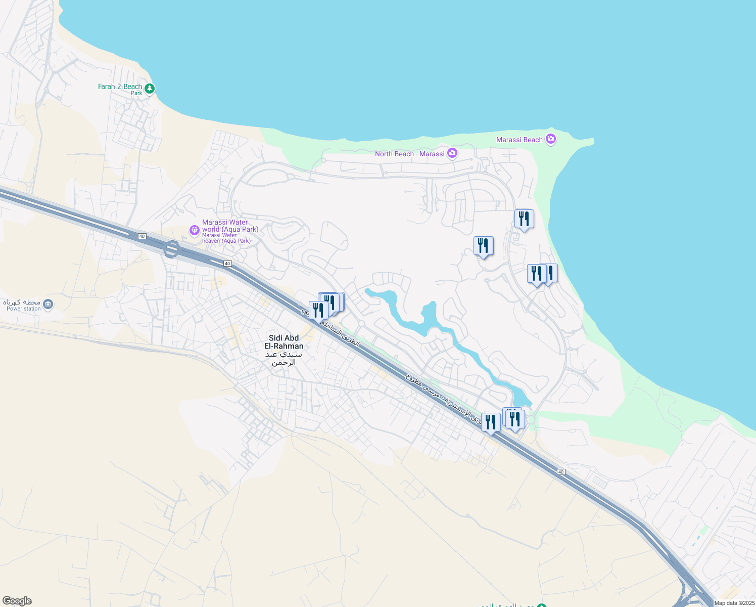 map of restaurants, bars, coffee shops, grocery stores, and more near Kilo 129 Alexandria - Marsa Matrouh Road in El Alamein