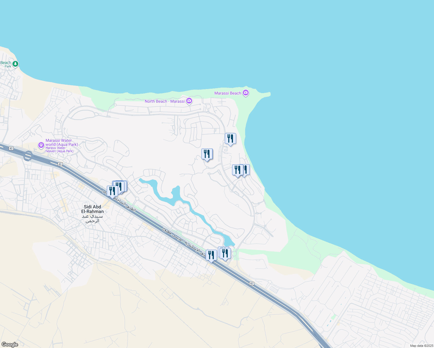 map of restaurants, bars, coffee shops, grocery stores, and more near Kilo 129 Alexandria - Marsa Matrouh Road in El Alamein