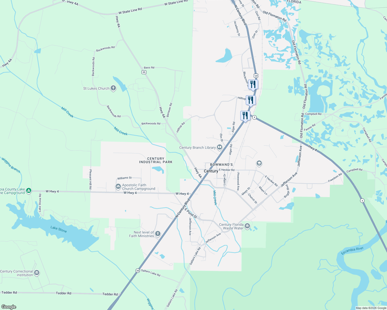 map of restaurants, bars, coffee shops, grocery stores, and more near 100 East Hecker Road in Century