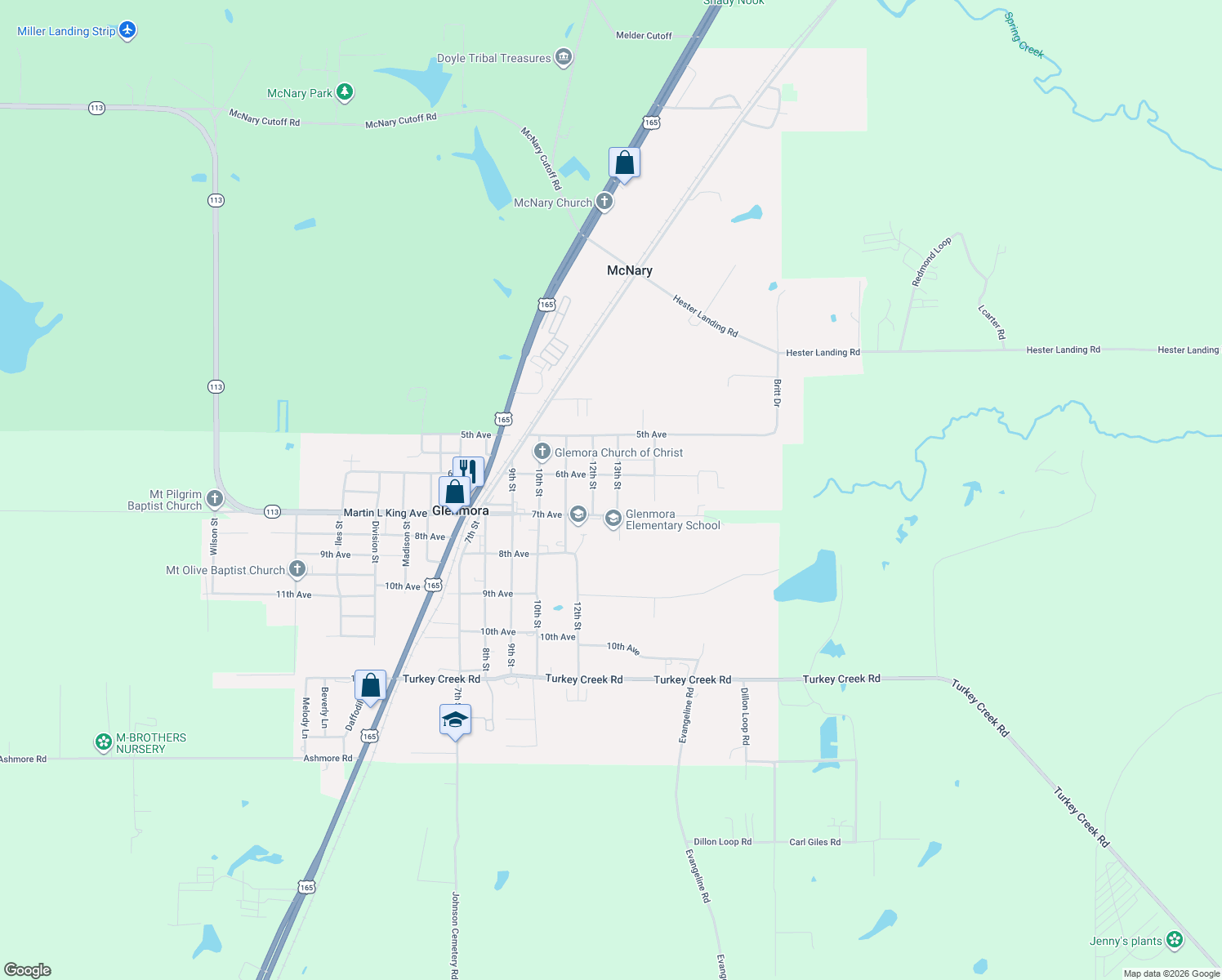 map of restaurants, bars, coffee shops, grocery stores, and more near 614 13th St in Glenmora