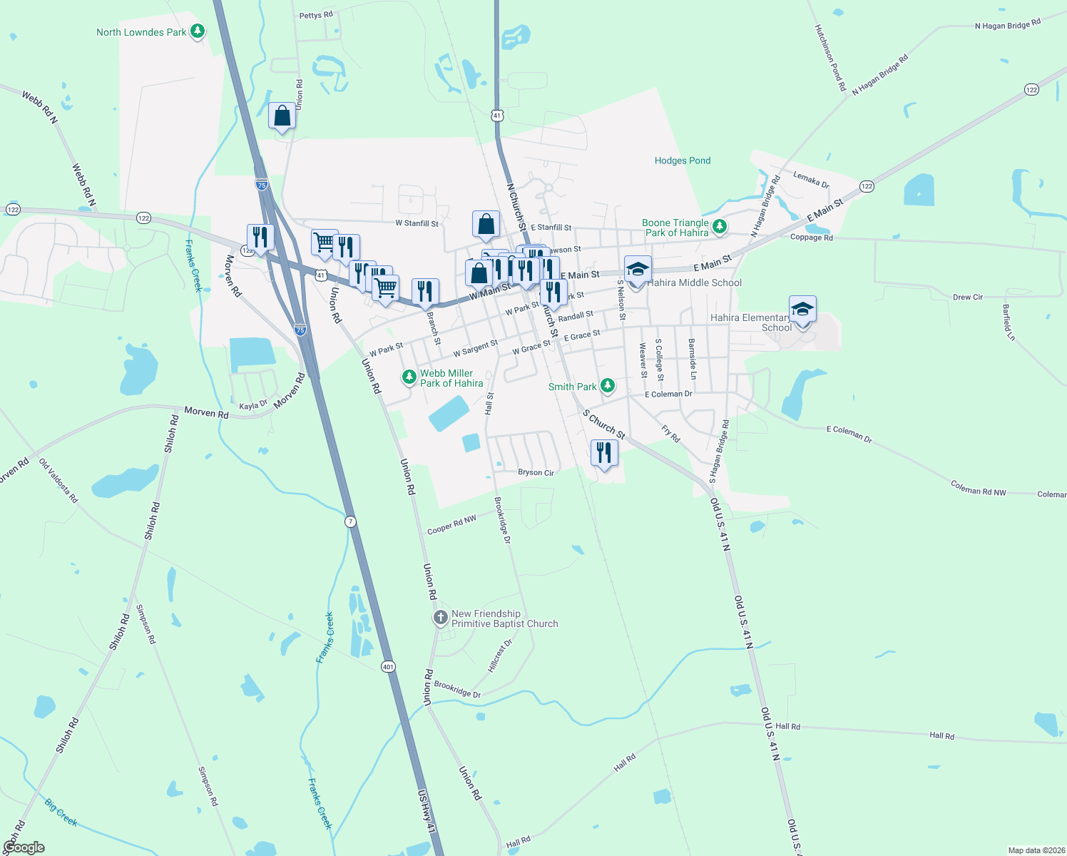 map of restaurants, bars, coffee shops, grocery stores, and more near 445 Bryson Cir in Hahira