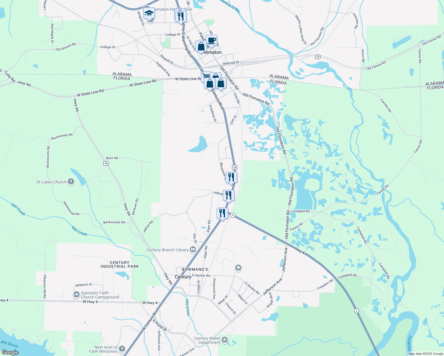 map of restaurants, bars, coffee shops, grocery stores, and more near 8631 Blackmon Street in Century