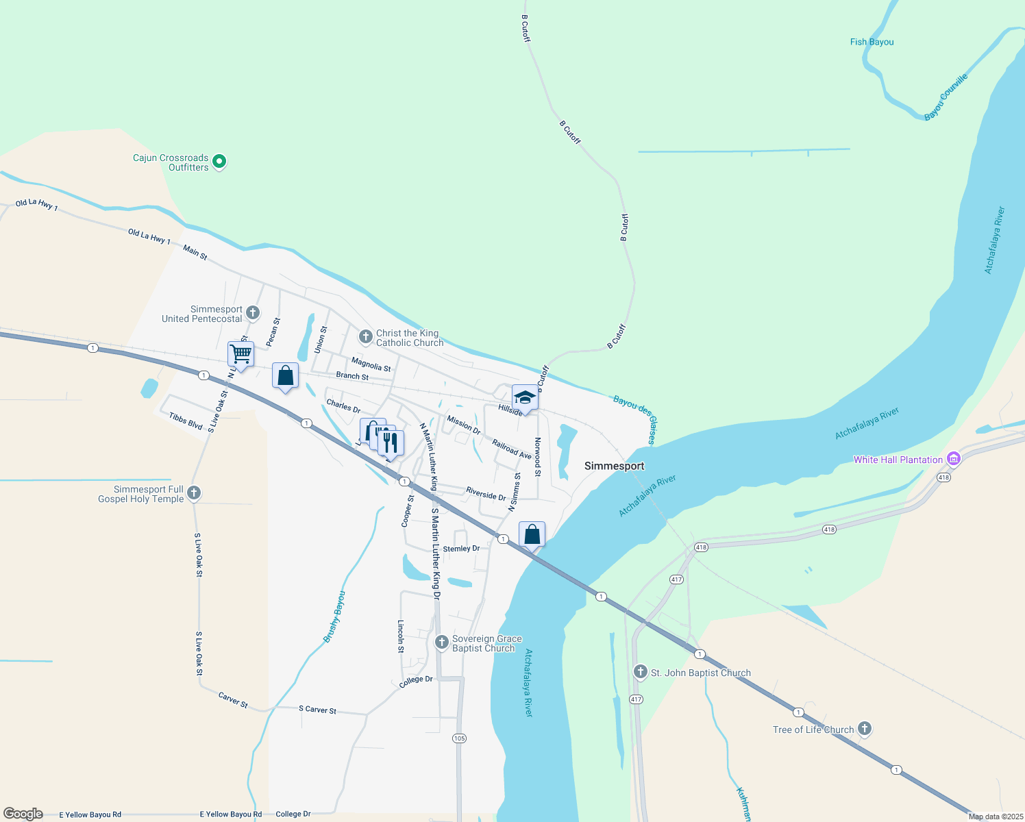 map of restaurants, bars, coffee shops, grocery stores, and more near Hillside in Simmesport