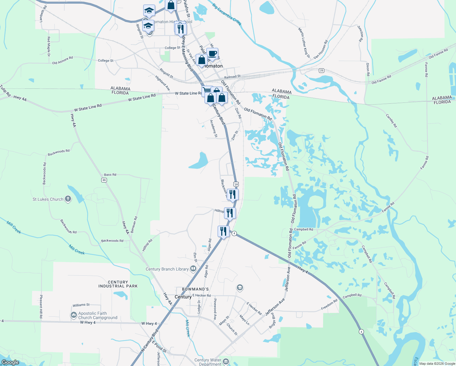 map of restaurants, bars, coffee shops, grocery stores, and more near 8740 Blackmon Street in Century