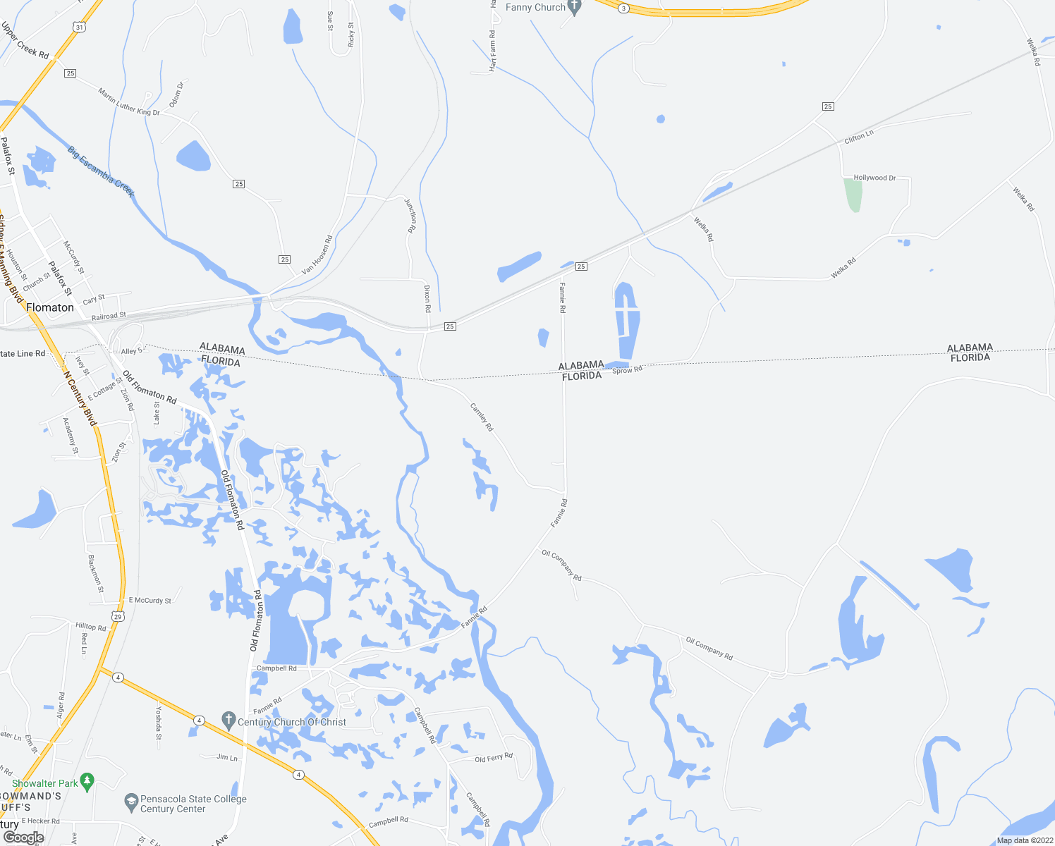 map of restaurants, bars, coffee shops, grocery stores, and more near 2200 Fannie Road in Century