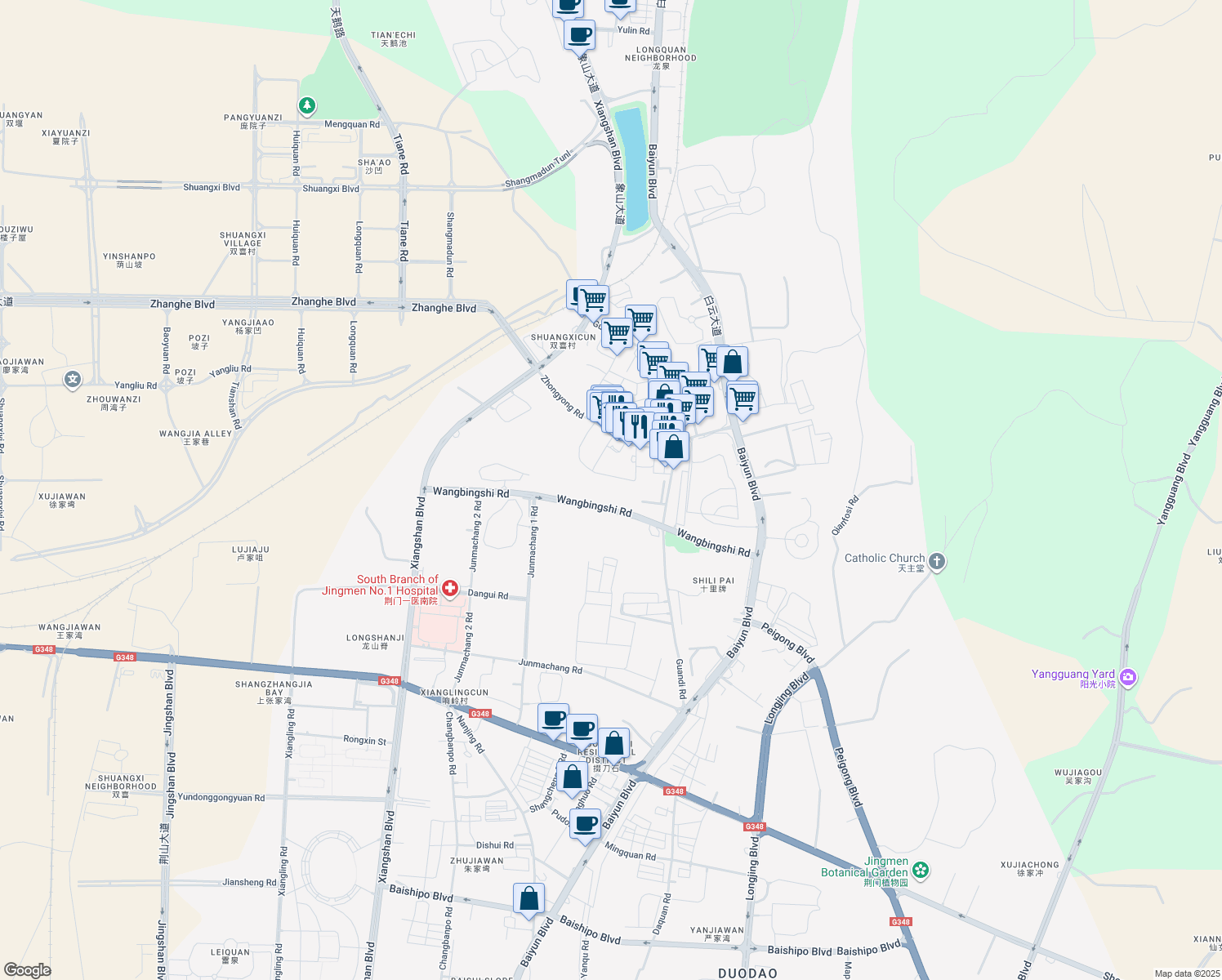 map of restaurants, bars, coffee shops, grocery stores, and more near in Jingmen