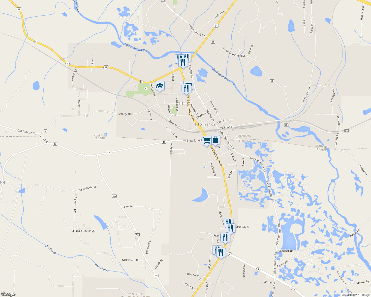 map of restaurants, bars, coffee shops, grocery stores, and more near 135 West State Line Road in Century