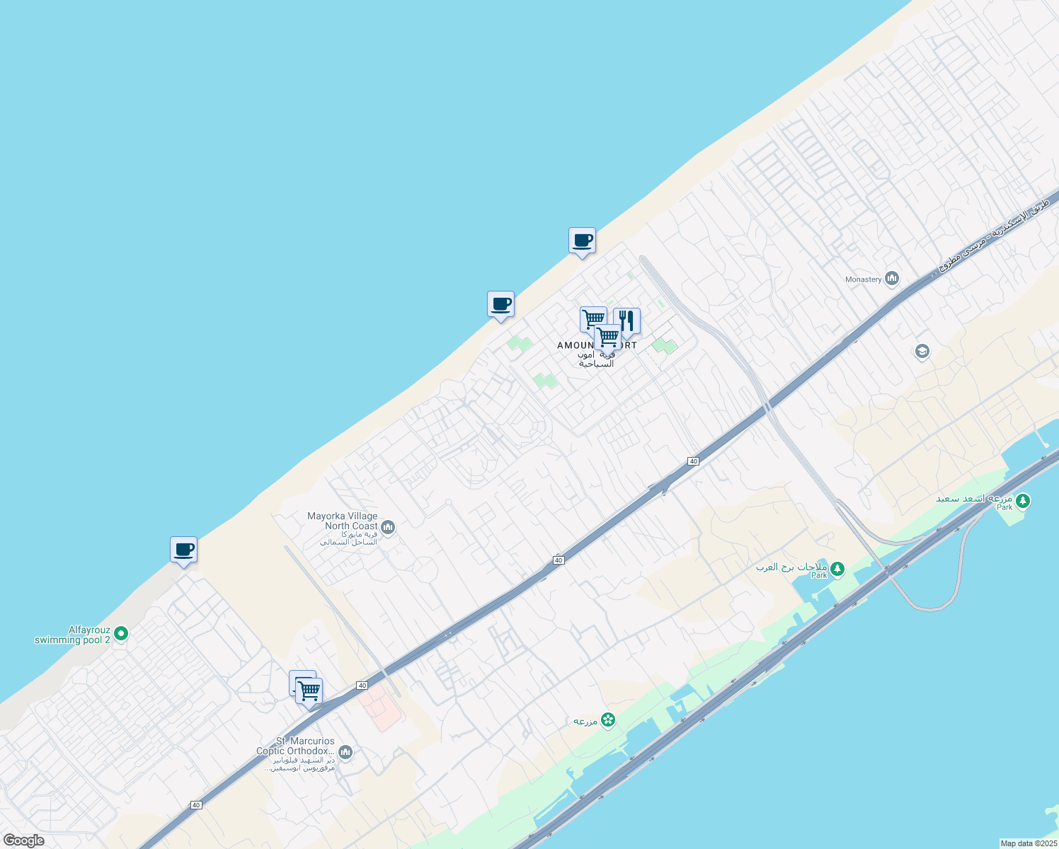 map of restaurants, bars, coffee shops, grocery stores, and more near in North Coast