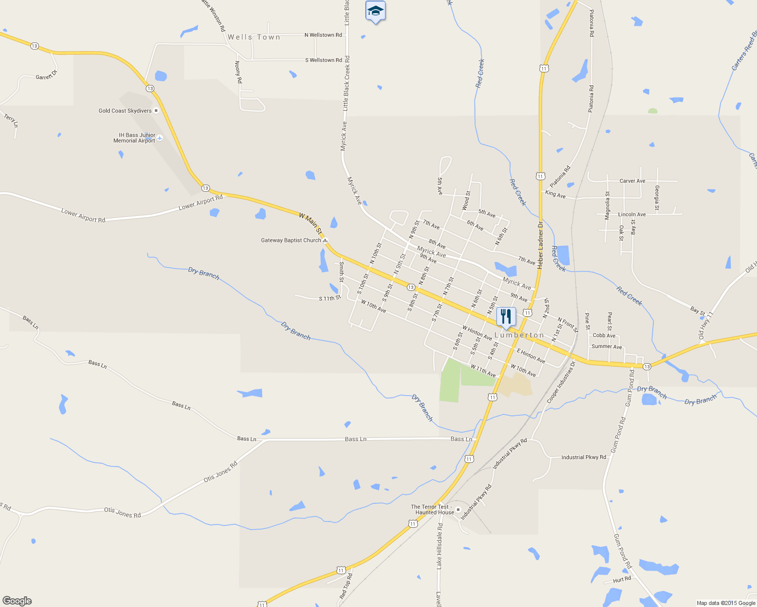 map of restaurants, bars, coffee shops, grocery stores, and more near 902 W 10th Ave in Lumberton