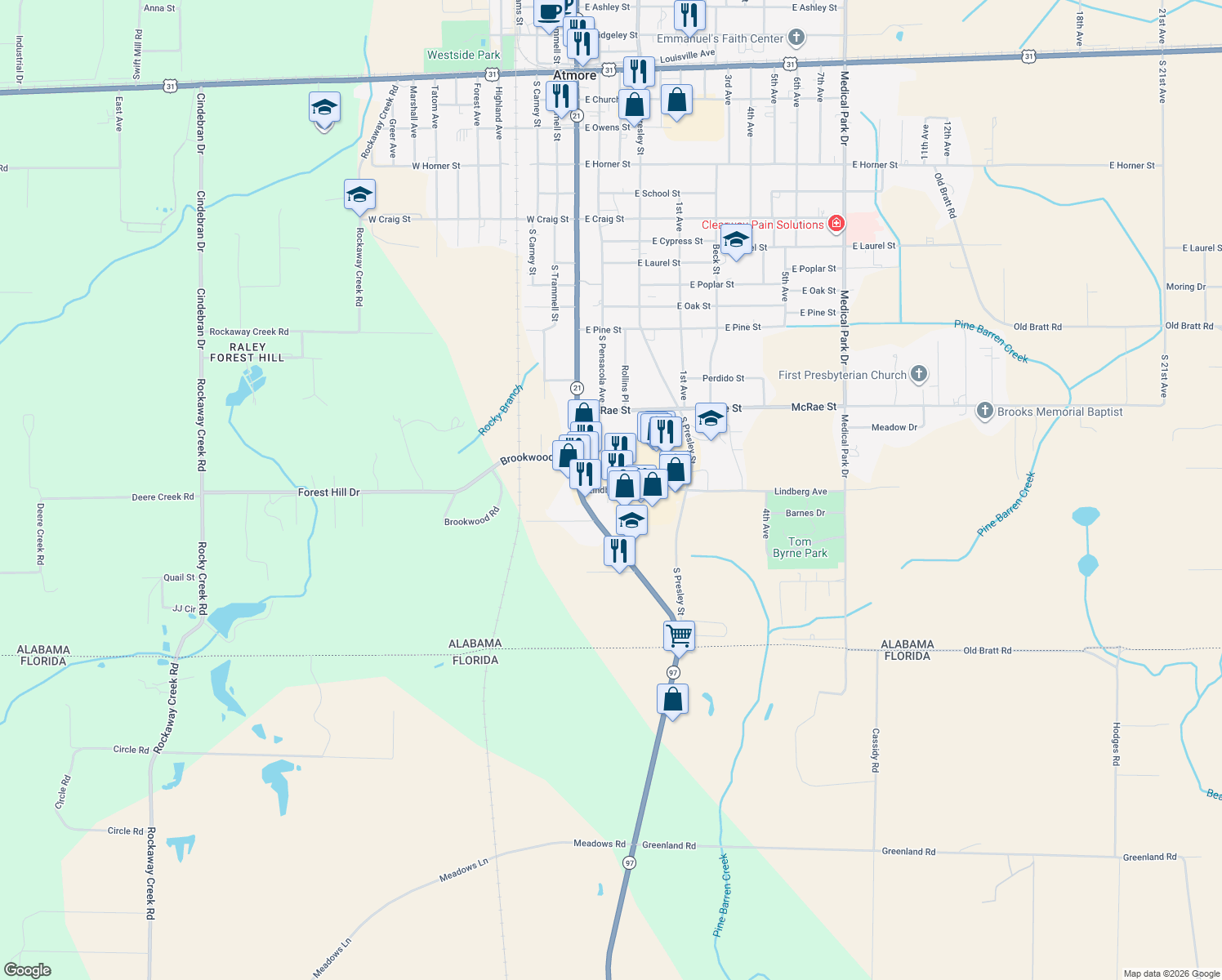 map of restaurants, bars, coffee shops, grocery stores, and more near 108 Lindberg Avenue in Atmore