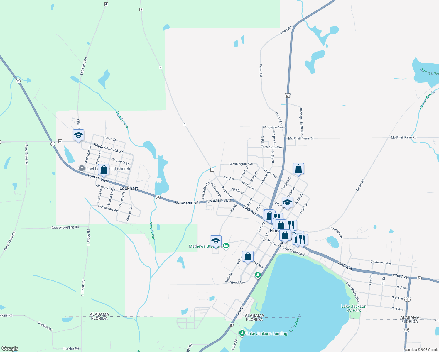map of restaurants, bars, coffee shops, grocery stores, and more near 1850 11th Street North in Florala