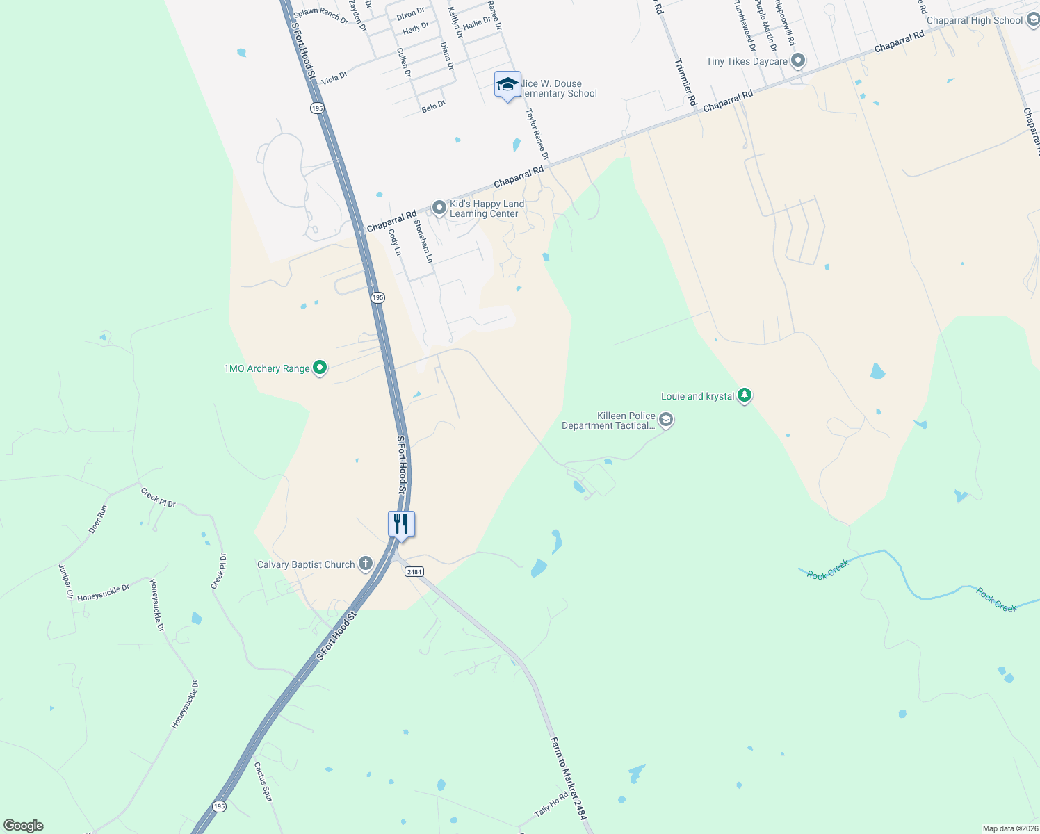 map of restaurants, bars, coffee shops, grocery stores, and more near Private Drive in Killeen