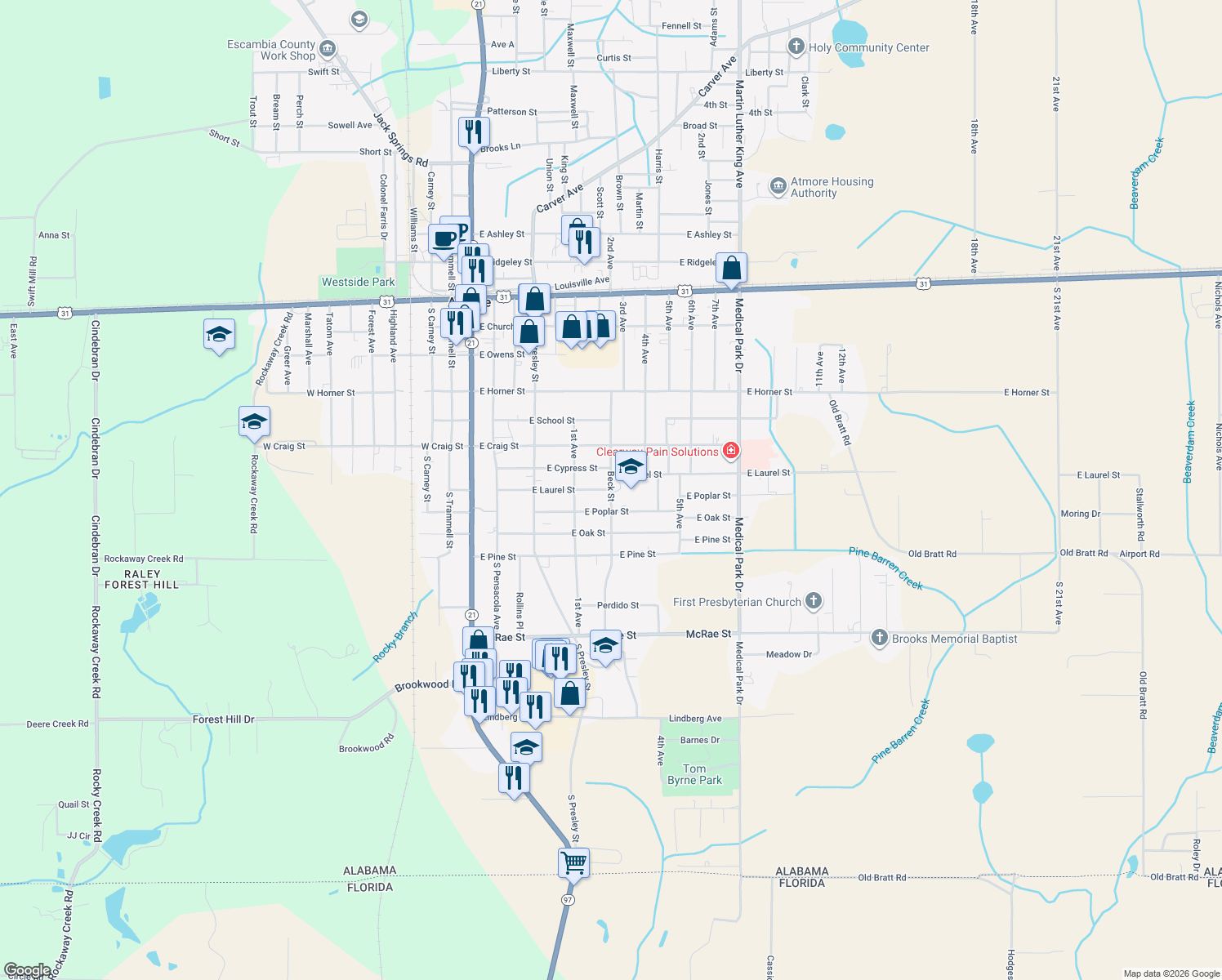 map of restaurants, bars, coffee shops, grocery stores, and more near 409 E Laurel St in Atmore