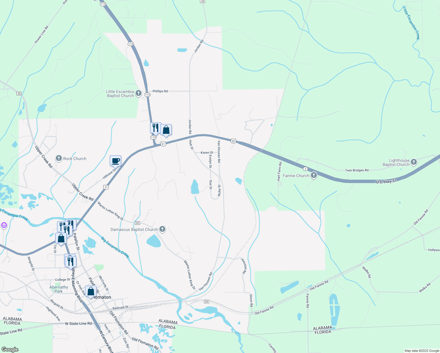 map of restaurants, bars, coffee shops, grocery stores, and more near 342 Van Hoosen Rd in Flomaton