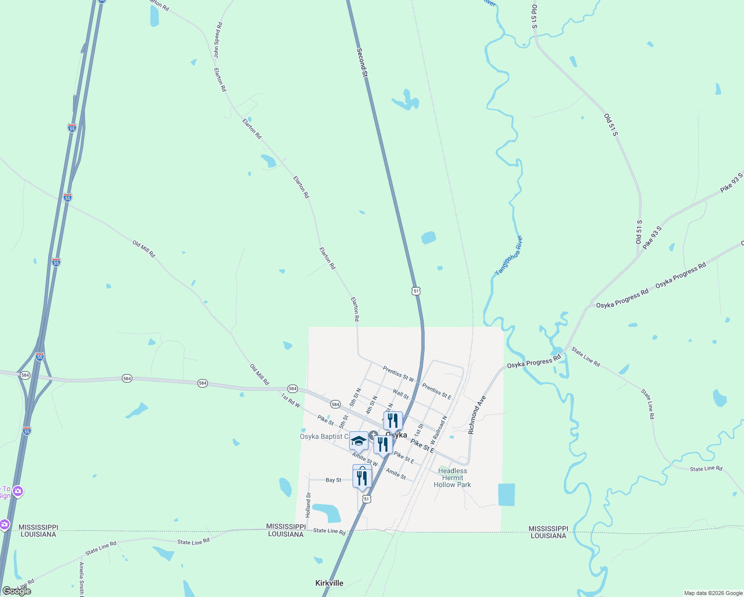 map of restaurants, bars, coffee shops, grocery stores, and more near 1024 Elarton Road in Osyka