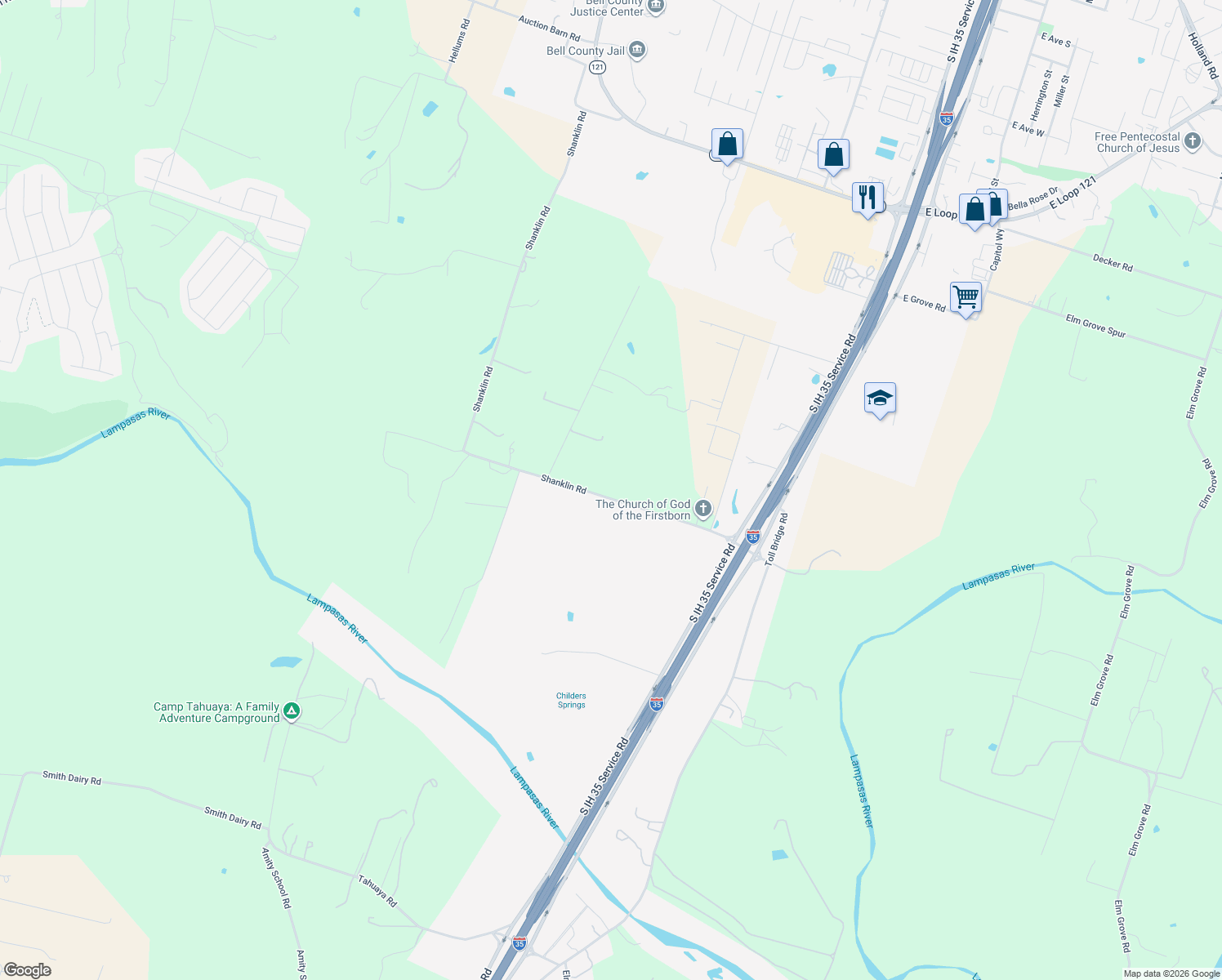 map of restaurants, bars, coffee shops, grocery stores, and more near 888 Shanklin Rd in Belton
