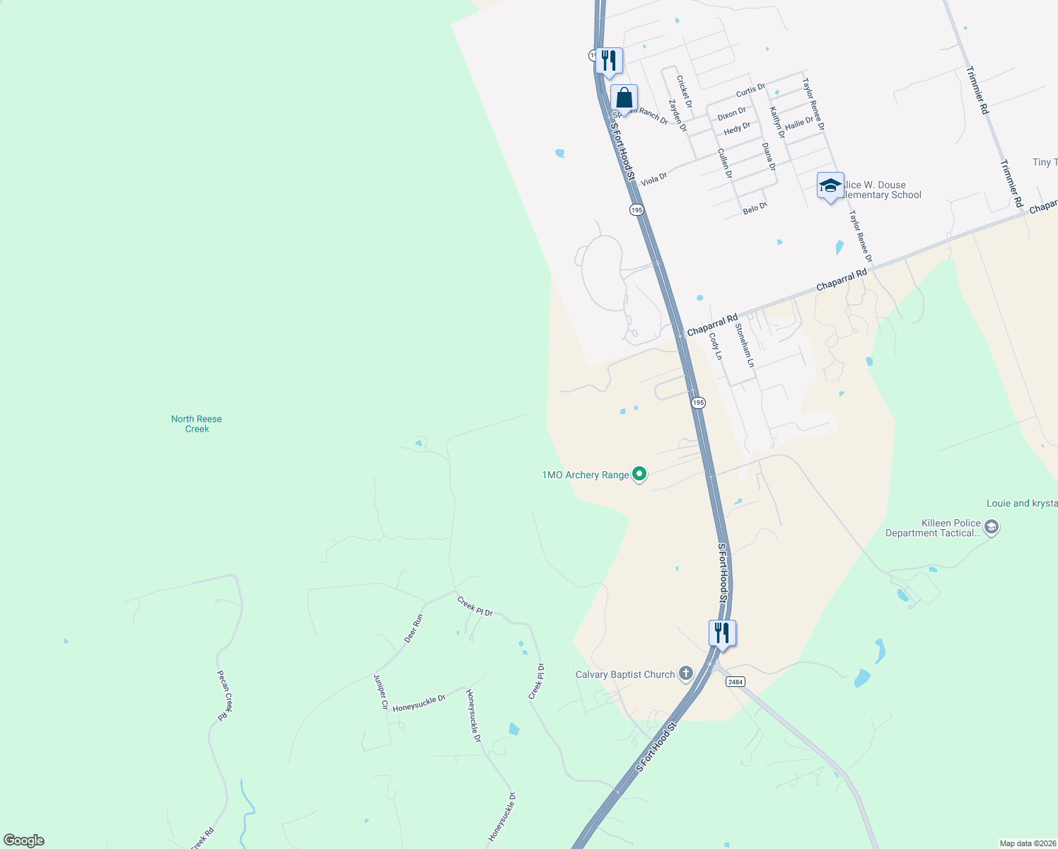 map of restaurants, bars, coffee shops, grocery stores, and more near 2954 Creek Place Drive in Killeen