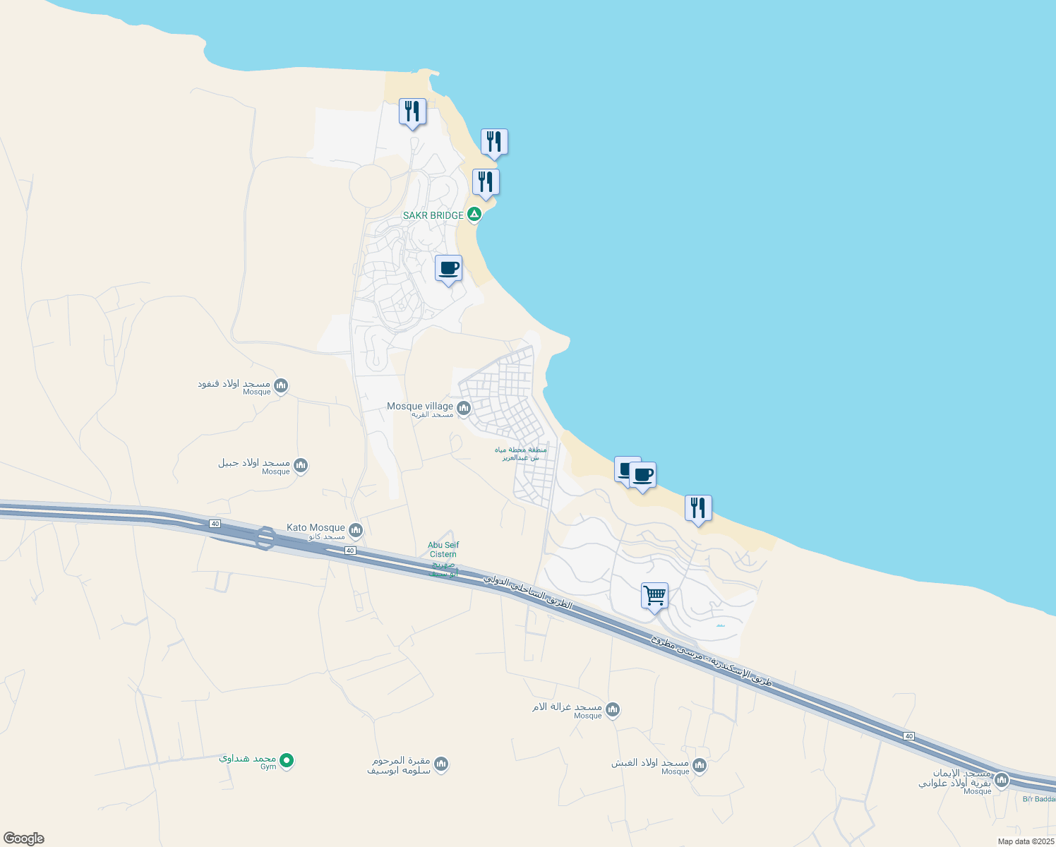 map of restaurants, bars, coffee shops, grocery stores, and more near in El-Alamein
