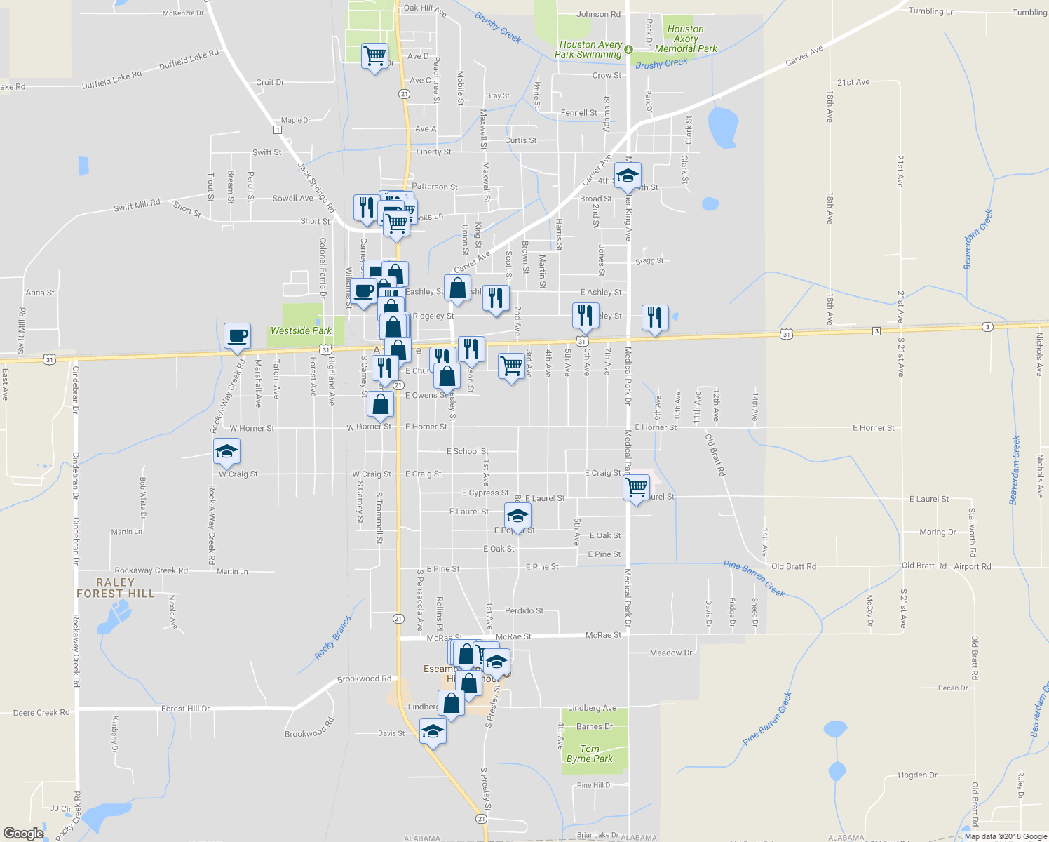 map of restaurants, bars, coffee shops, grocery stores, and more near 403 East Horner Street in Atmore