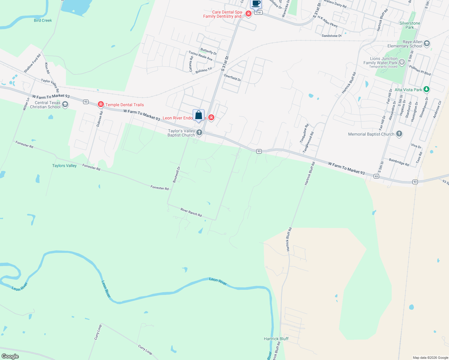 map of restaurants, bars, coffee shops, grocery stores, and more near 7568 Boutwell Lane East in Temple